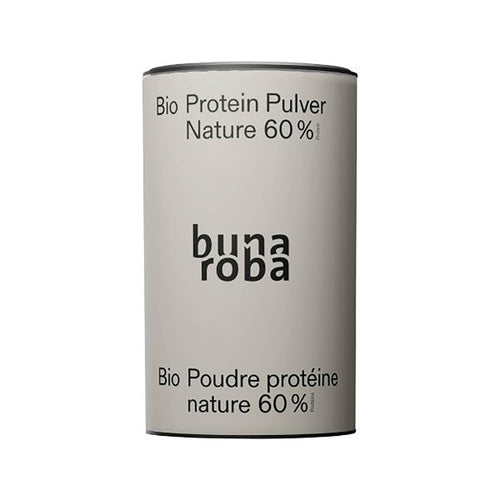 Bunaroba Bio Protein Pulver Natur 450g – pflanzliches Erbsen- und Hanfprotein 60%, Bio-zertifiziert, in grauer zylindrischer Dose