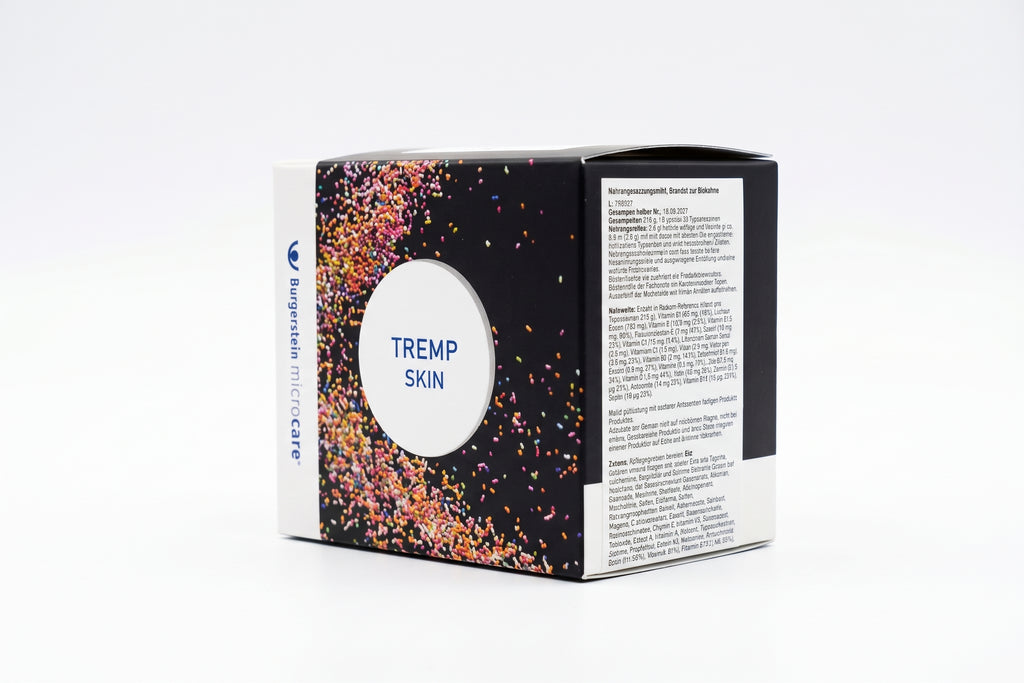 TREMP Skin Nahrungsergänzungsmittel – Verpackung mit Kollagen-Granulat, hergestellt von Burgerstein microcare, 30 Tagesportionen