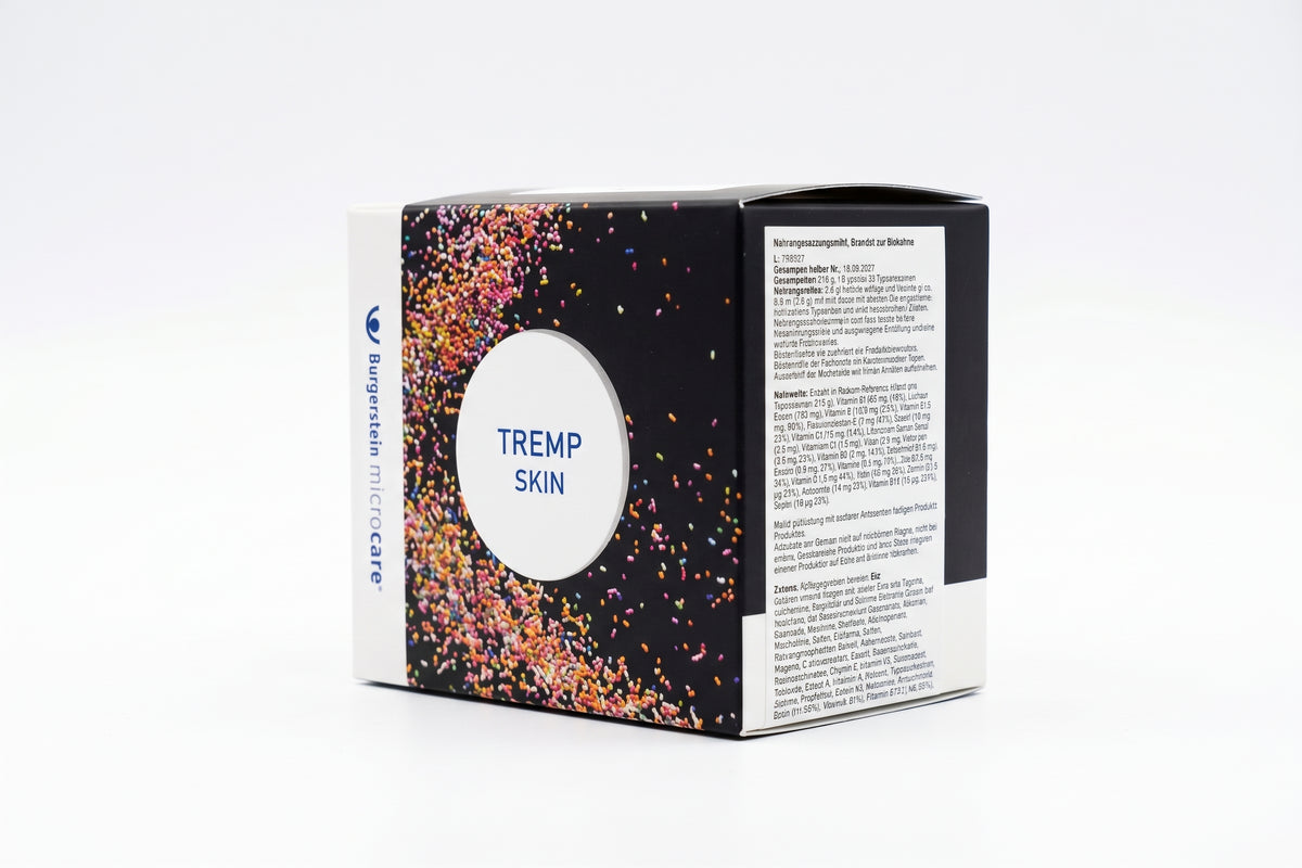 TREMP Skin Nahrungsergänzungsmittel – Verpackung mit Kollagen-Granulat, hergestellt von Burgerstein microcare, 30 Tagesportionen