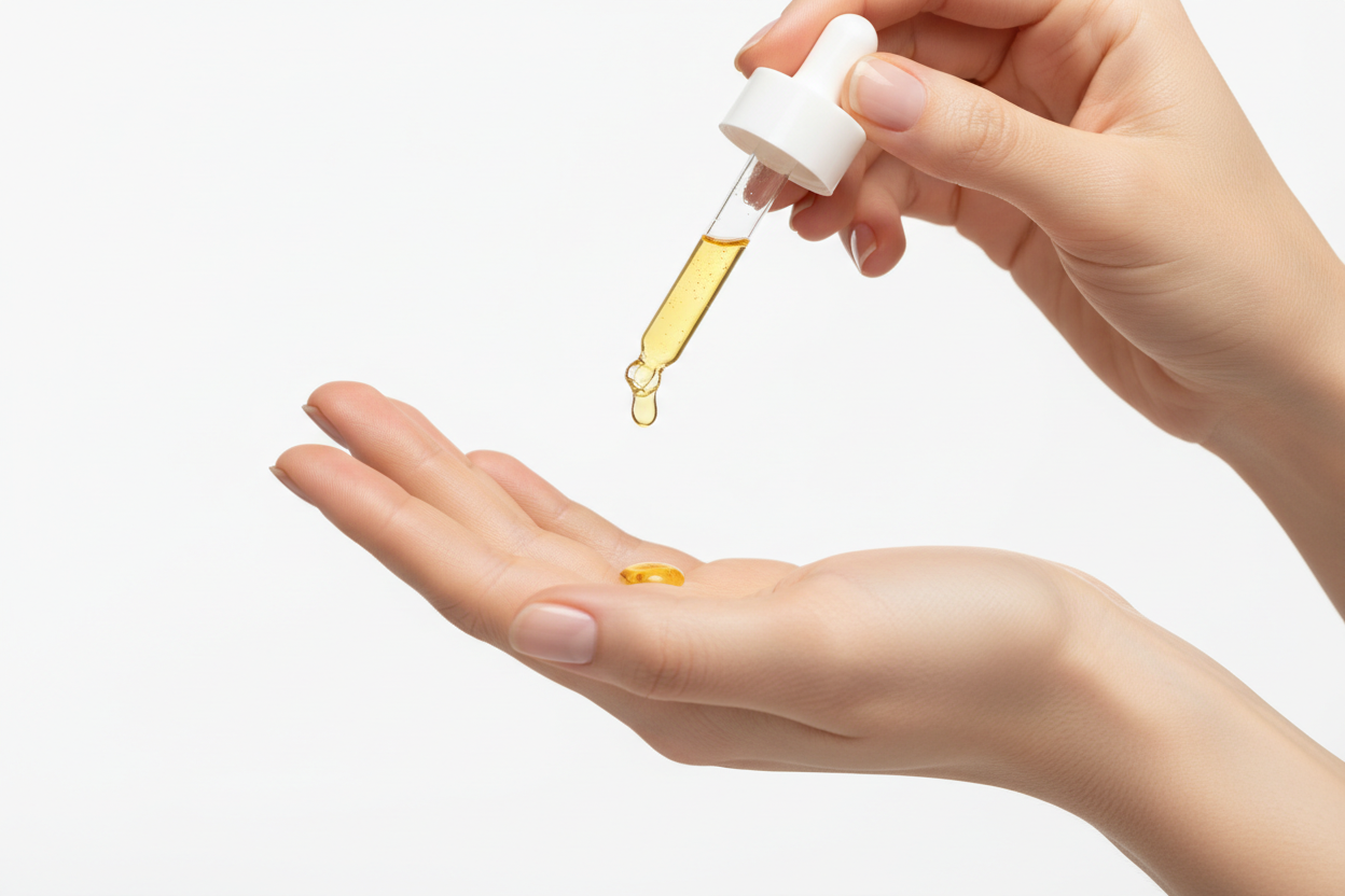 Goldenes Serum tropft aus einer Pipette auf eine offene Handfläche